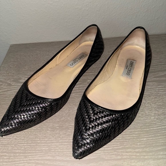 Jimmy Choo Shoes - Jimmy Choo Aza Woven Leather Metallic Threaded Black Heels size 39.5. 9.5